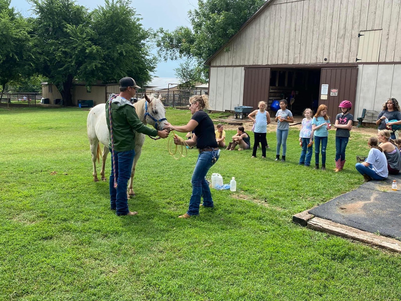 A group of campers watch a demonstration in the pasture during a vet visit.